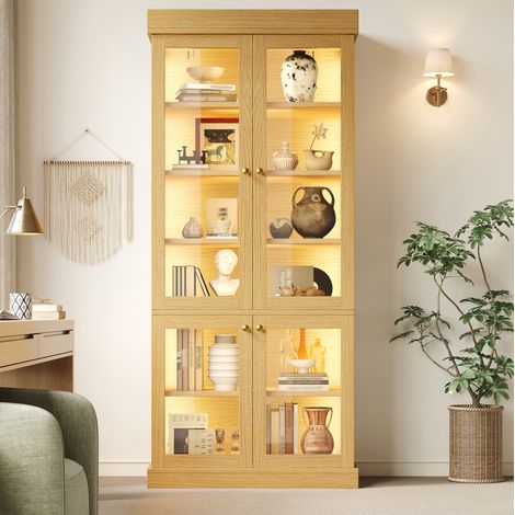 Vitrine 80x40x180 cm en bois, verre et métal naturel, avec rangement pour salon moderne FloraGrace (1/5)