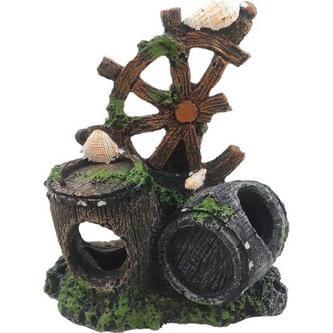 Decoraciones para acuarios: Barriles de vino y paisaje de molino de viento duraderos，no se descascarillan，adecuados para el hogar y el escritorio (1/2)