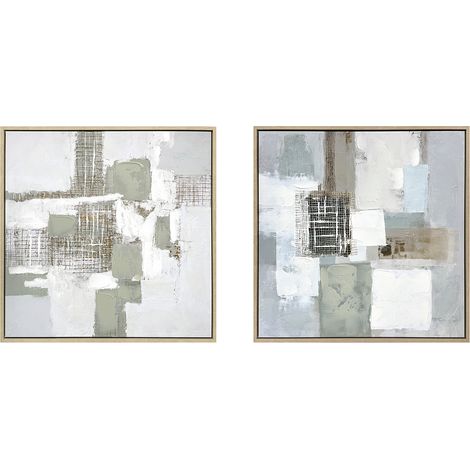 Set de 2 lienzos enmarcados con diseño abstracto en tonos verdes y blancos, 60x60cm