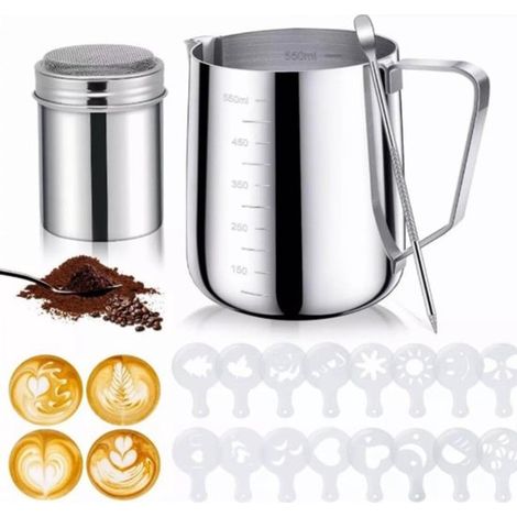 Milchaufschäumkännchen 550 ml 20 oz Edelstahl-Milchkrug für Kaffeemaschine Aufschäumkännchen mit Dekorierstift Kaffeeschablonen zur Zubereitung (1/4)