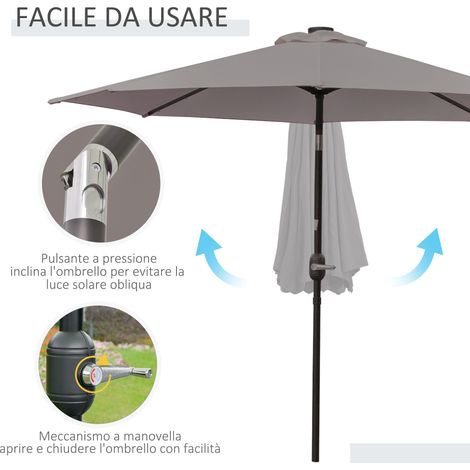 Parapluie de terrasse inclinable gris Ø265 cm, 32 lampes LED solaires, manivelle intégrée (1/5)