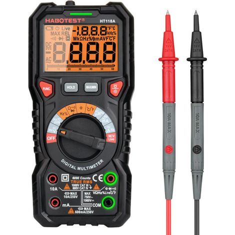 Testeur et détecteur de tension Multimètre Automatique Numérique TRMS 6000 Points (Guide de Bornes LED), Testeur Electrique Professionnel, Température Capacimètre Tension/Courant AC DC Résistance/Fréq
