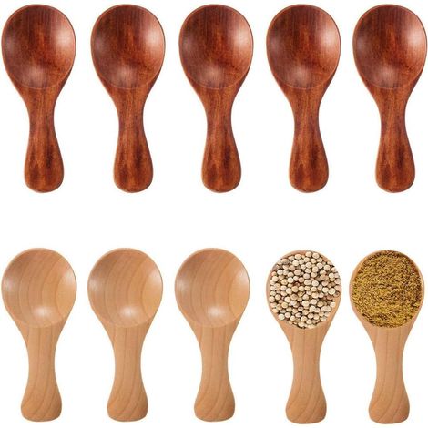 10 Pièces Cuillère à Lait en Bois, Petites Cuillères à Sel en Bois, Anti-Brûlure La Créativité en Bois Mini Cuillère à Thé pour Petits Pots Confiture, Épices, Sucre, Miel, Café, Glace (2 Couleurs) (1/3)