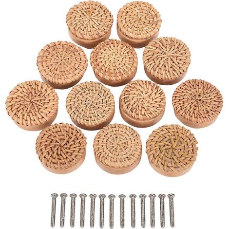 Boutons de commode bohèmes en rotin, vis rondes, pour meubles bohèmes, lot de 12. (1/4)