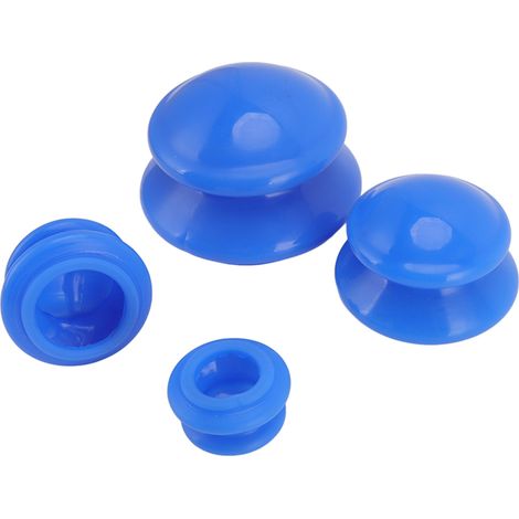 Ensemble de ventouses en silicone de 4 tailles différentes pour la thérapie par pression négative, avec ventouses sous vide. Usage professionnel en studio ou à domicile. Surface bleue brillante.