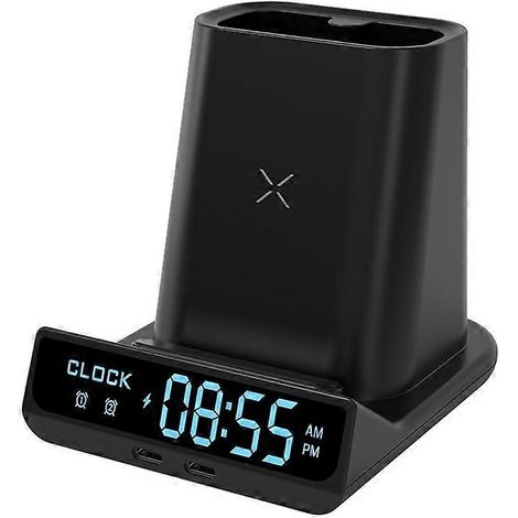 Boîte de rangement pour stylos, réveil électronique LED avec luminosité réglable, chargeur sans fil 15 W, horloge de table noire (1/5)