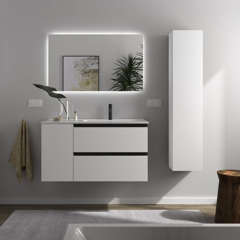 Meuble de salle de bain BEQUIA PLUS METAL 100cm Blanc mat Vasque Porcelaine Robinet à droite 1P (1/5)
