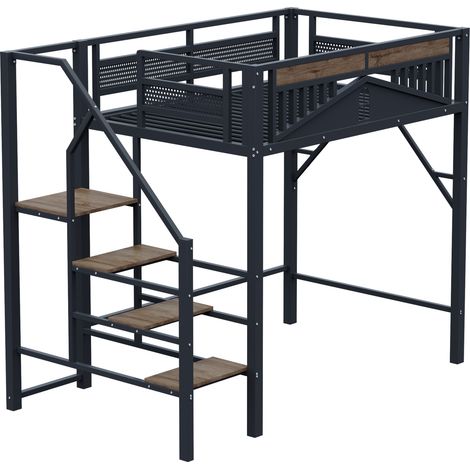Cama alta de metal 140 x 200 cm negra con escalera de seguridad y almacenamiento (1/5)