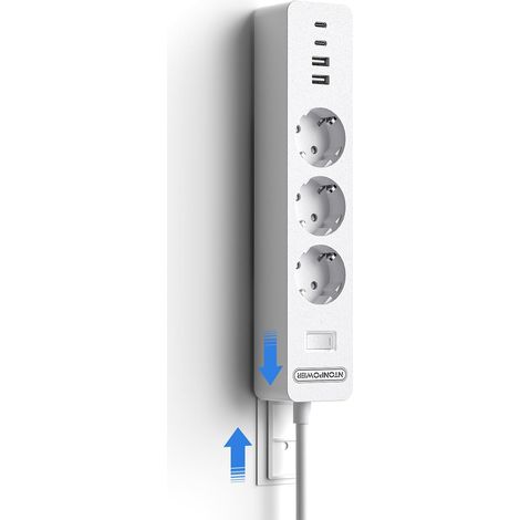 Multiprise Murale avec Plaque Adhésive, 3 Prises avec USB-C, 7 en 1 Prises Multiprise Murale Montage Câble de 1,5 m, avec Interrupteur, Protection pour Les Enfants, Intérieur, Blanc (1/5)
