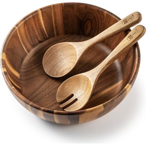 Ensemble de 3 saladiers en bois d'acacia avec couverts à salade, bol à fruits en bois de 30,5 cm, bol décoratif polyvalent pour cuisine, vaisselle et cadeau (1/5)