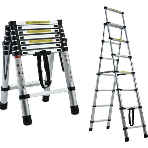 Telescopic Ladder A Frame Extension 6+7 Step Ladder Aluminium Lightweight Portable Multi Purpose Folding Ladder Adjustable Ladder with Hand Rails and Safety Lock