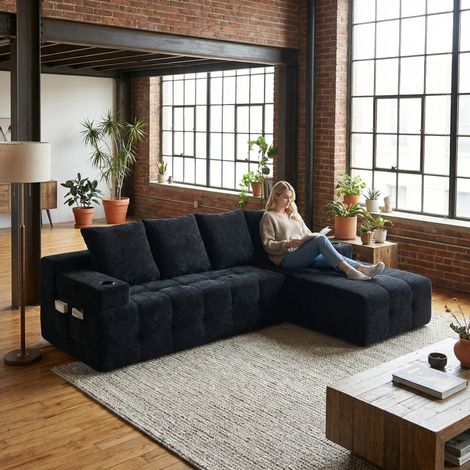 Modernes L-förmiges Velours-Sofa mit changierendem Muster, umwandelbar in eine abnehmbare Liege, puristisches Design mit seitlicher Tasche und zwei integrierten Getränkehaltern – ideal für Wohnzimmer