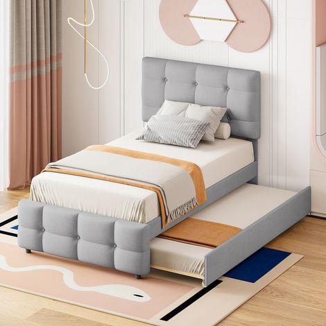 Lit gigogne 90x200 cm lit simple avec tête de lit réglable – Sommier à lattes – Cadre métal capitonné en lin gris – Pour invités (1/5)