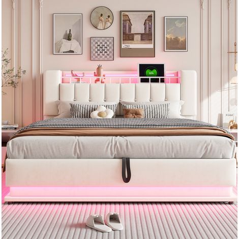 Cama tapizada 180x200 cm beige de terciopelo con LED, USB y almacenamiento hidráulico (1/5)
