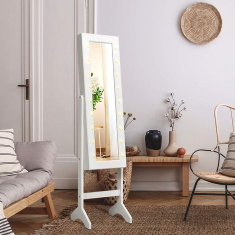 COSTWAY Armoire à Bijoux sur Pied avec 18 LED, Angle Réglable,Doublure en Velours Doux 35 × 31,5 x 145 CM Blanc (1/5)