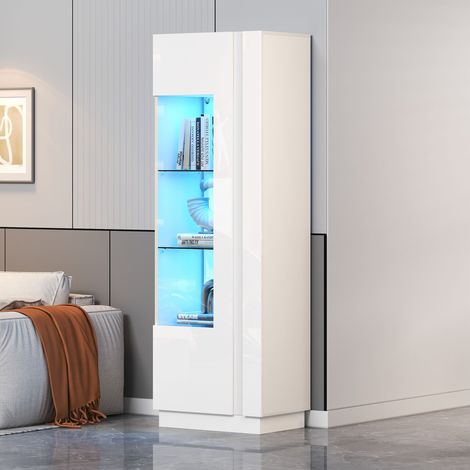 Armoire haute 60x40x180cm porte acrylique haute brillance,éclairage LED et 3 étagères en verre pour rangement salon blanc.