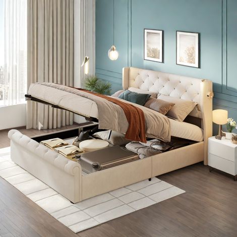Lit coffre 140x190cm,lit 2 Personnes avec liseuses,chargement USB,cadre de lit avec sommier à lattes,lit adulte,velours,beige (1/5)
