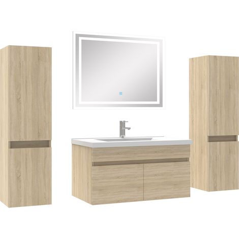 Ensemble meubles Salle de Bain simple vasque 80cm, colonnex2 + miroir Chêne Wotan (1/5)