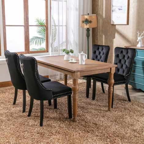 Modern Set of 4 Upholstered Velvet Dining Chairs, Button Tufted Kitchen Lounge Chairs with Solid Wood Legs, Riveted Trim and Knocker Ring, for Dining Room Living Room, Black (1/5)