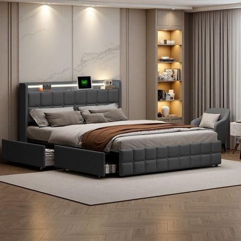 Cama doble 160x200 - Moderna - Cofre con 4 cajones - LED integrada - Almacenamiento USB