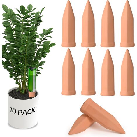 10 tuteurs en terre cuite à arrosage automatique – Pour bouteilles de vin – Intérieur et extérieur – Distributeur d'eau pour plantes d'intérieur – Système d'arrosage automatique pour plantes d'intérie (1/4)
