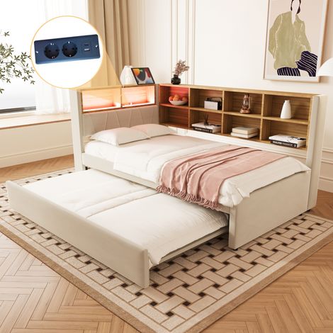 Letto estraibile 90x200cm+90x190cm - con LED, presa e contenitore - flanella - beige (1/5)