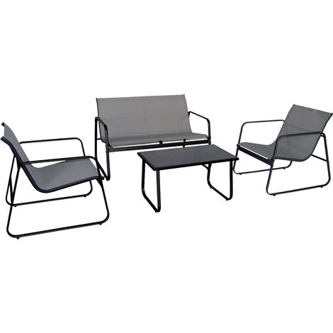 Set sofa', in acciaio e textilene, divano, 2 poltrone, tavolino, grigio chiaro