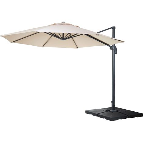 Parasol déporté rond Ø 400 cm hauteur 255 cm inclinable avec manivelle aluminium et polyester couleur crème avec base 040011242