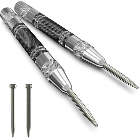 Lot de 2 poinçons automatiques de 12,7 cm à ressort, robustes et avec embouts de rechange. Outil de centrage pour métal, bois, plastique et verre