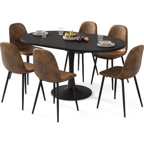 FurnitureR 7-Piece Dining Set, 100-140CM Black Extendable Oval Table & 6 Brown Suede Chairs (1/5)