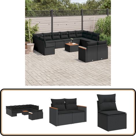 Salon de jardin avec coussins 13 pcs noir résine tressée - Ensemble Salon De Jardin - Mobilier De Jardin - Canapé Extérieur - Table De Jardin - Chaise Lounge