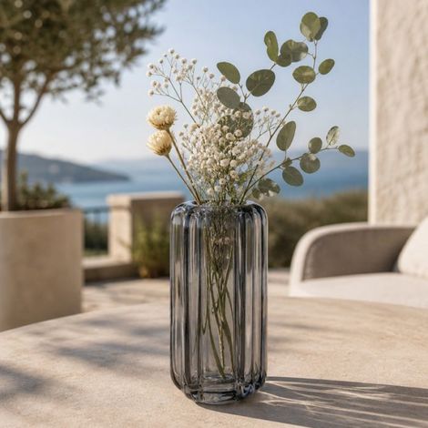 Vase - - 28 cm - Verre gris fumé - Cylindrique texturé - Design contemporain (1/4)