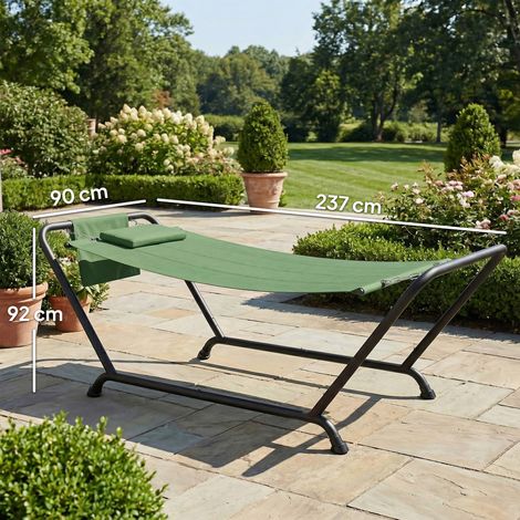 Hamac avec support, poches latérales et appui-tête, en métal et polyester, 237 x 90 x 92 cm, vert foncé (1/5)