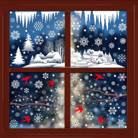 Autocollants pour fenêtre flocons de neige blancs et branches d'arbre, autocollants scène de forêt enneigée avec colibris, décorations de Noël hivernales, décorations de fenêtre statiques, anti-collis