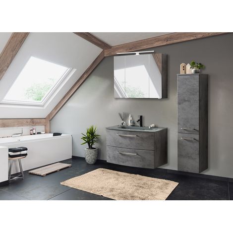 Badezimmer Möbelset TRONDHEIM-03 3-teilig, Oxid Stone, inkl. 3D Spiegelschrank, Glas-Waschtisch grau, B/H/T: ca. 135/200/49cm (1/5)