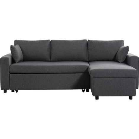 Loungitude – Canapé d'angle convertible réversible avec coffre de rangement – Tissu gris foncé – Dimensions 223x148x81 cm – Couchage 135x195 cm