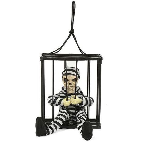 Ciel-Décorations d'Halloween pour maison hantée : squelette animé effrayant hurlant, prisonnier dans une cage aux yeux lumineux.