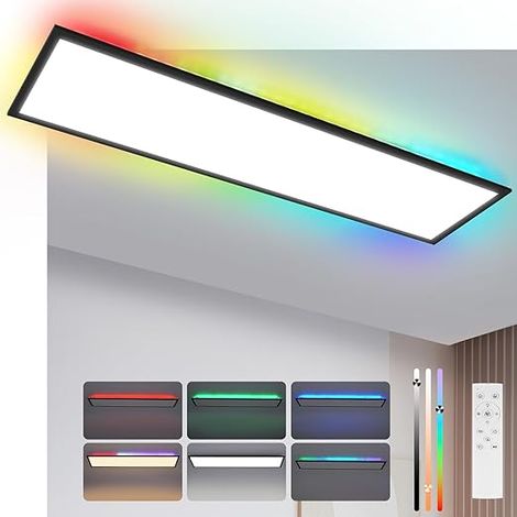 GBLY Panneau LED 100x25 Dimmable Panneau plafond RGB Rétroéclairage Changement couleur Bureau Plat avec télécommande 24W Noir Rectangulaire pour salle de jeu salon