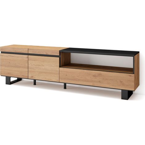 Meuble TV Banc Télé Grand Espace de Rangement 200x57x35cm pour Les TV jusqu'à 80" Design Industriel Style Moderne Chêne et Noir (1/5)