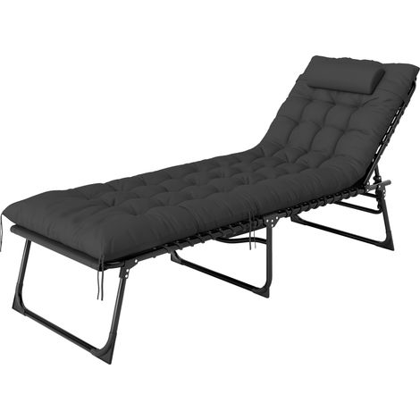 Chaise longue pliante inclinable avec coussin appui-tête poche latérale noire 58 x 189 x 32,5 cm