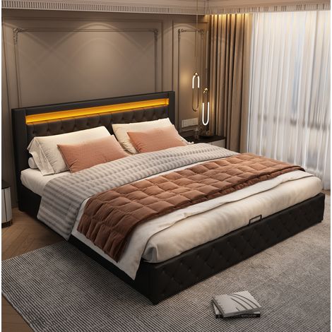 lit adulte 180x200 rangement LED PU noir chambre OKMYHOME (1/5)