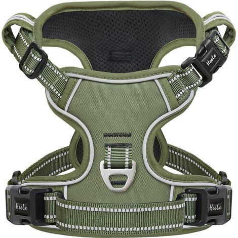 Harnais Chien, Harnais Anti Traction Réfléchissant Harnais pour Moyen Grand Chien avec Poignée Rembourrée, 1 Boucle sur la Sangle Droite de Cou Rendent Facile à Mettre et à Enlever, Vert, M (1/5)