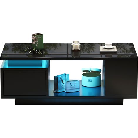 Table Basse Noire Brillante 100x50x36 cm, Table de Salon avec LED App-Contrôle, Tiroir et Rangement Latéral (1/5)