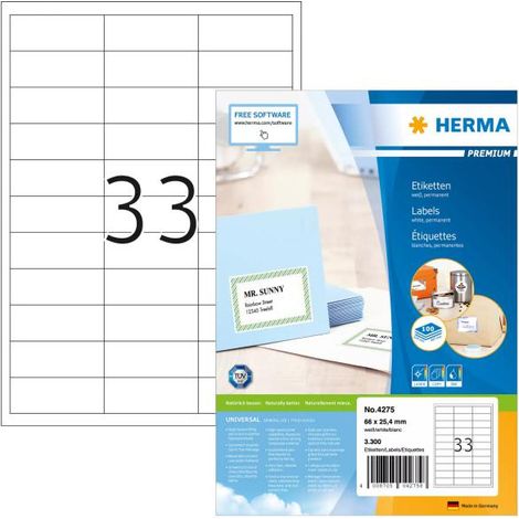 HERMA Etichette Universali, 66 x 25,4 mm, Etichette Adesive A4 per Stampante, 33 Etichette per Foglio, Bianco (1/4)