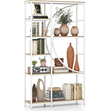 COSTWAY Libreria Moderna a 6 Ripiani Aperti, Scaffale Alto Autoportante Forma di Mezzaluna, Struttura in Metallo, Organizzatore per Soggiorno Ufficio, 100x30x177 cm (Naturale) (1/5)