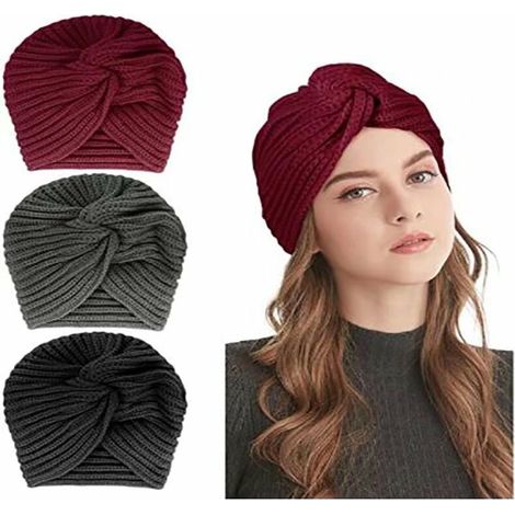 Bonnet turban tricoté pour femme – Turban d'hiver en laine, accessoire de tête, foulard croisé rétro, 1 pièce, gris (1/5)