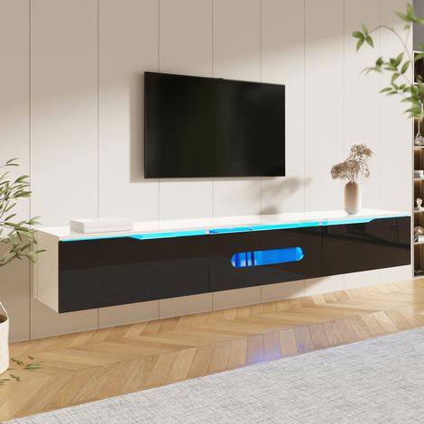 Meuble TV Suspendu 180 cm Laqué Haute Brillance avec Éclairage LED 16 Couleurs App Bluetooth, 3 Portes Abattantes, Passages Câbles, Console TV pour Salon Moderne - Blanc+Noir (1/5)