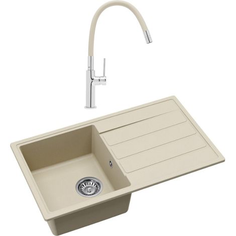Swiss Aqua Technologies 76x44 cm Granit-Einbauspüle mit umkehrbarem Abtropfbecken + Neoperl®-Aerator-Mischbatterie, Jasmin (SATSINKGE3J-SET1)