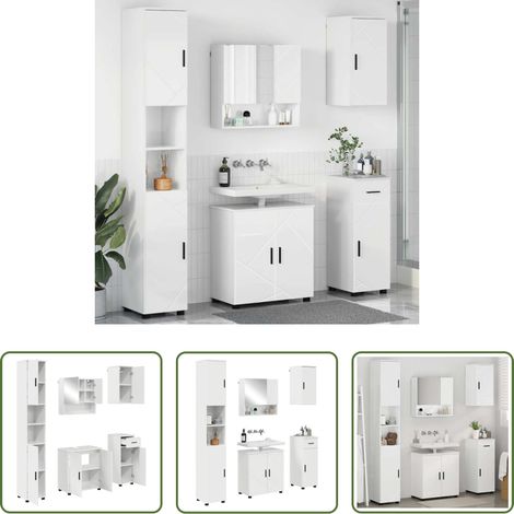 vidaXL Hochglanz Weiß - Badezimmermöbel-Set 5 pcs Hochglanz Weiß Holzwerkstoff & Metall (1/5)