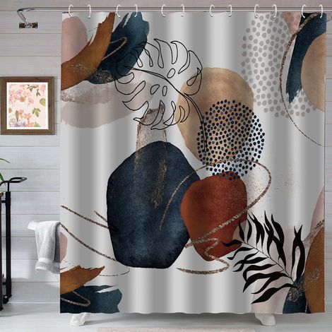 Lntyq rideau de douche Boho abstrait coloré moderne géométrique feuilles plante neutre minimaliste salle de bain rideau décor tissu imperméable, 180x180cm